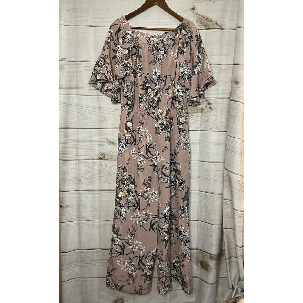 Women's Floral Jumpsuit Size L Pink Wide Leg Off Shoulder Boho Romper